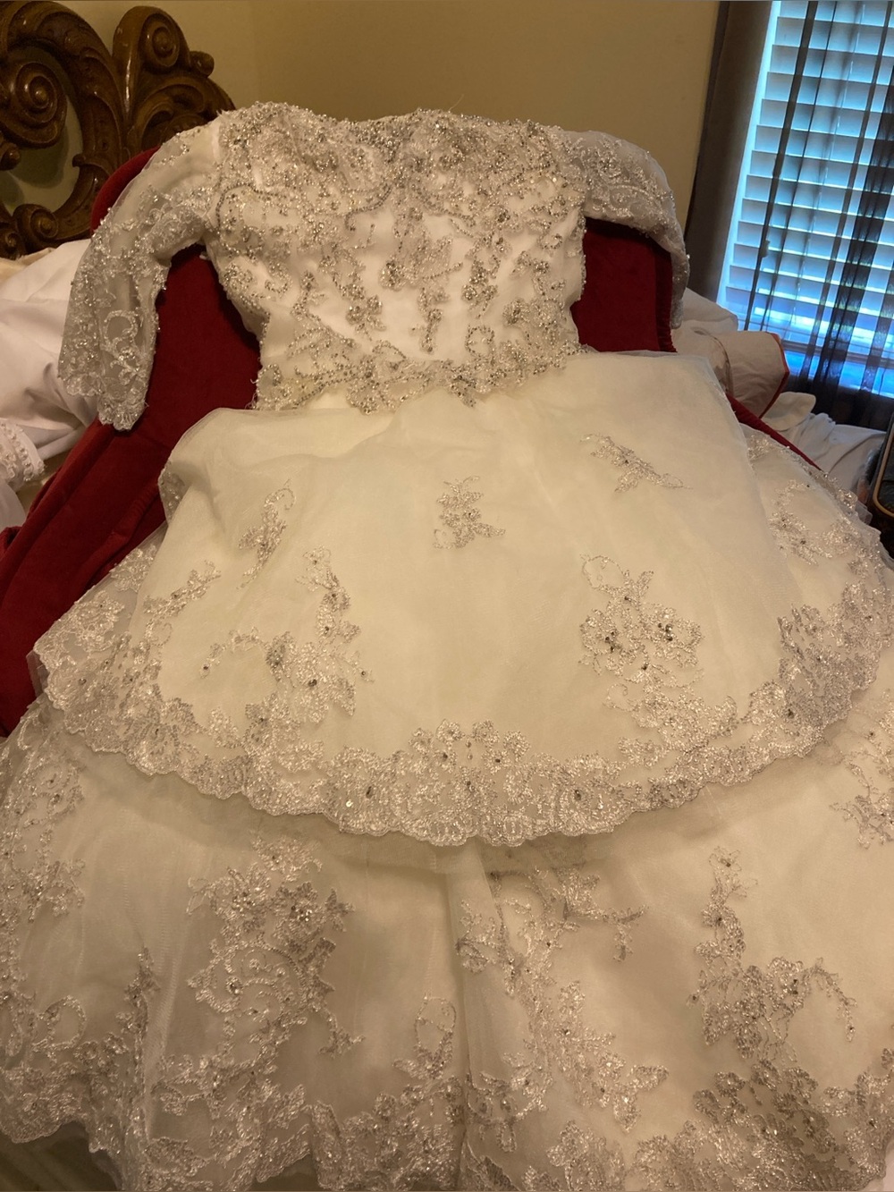 Bespoke Off-White Embellished Tiered Communion Flower Girl with Lace Bodice